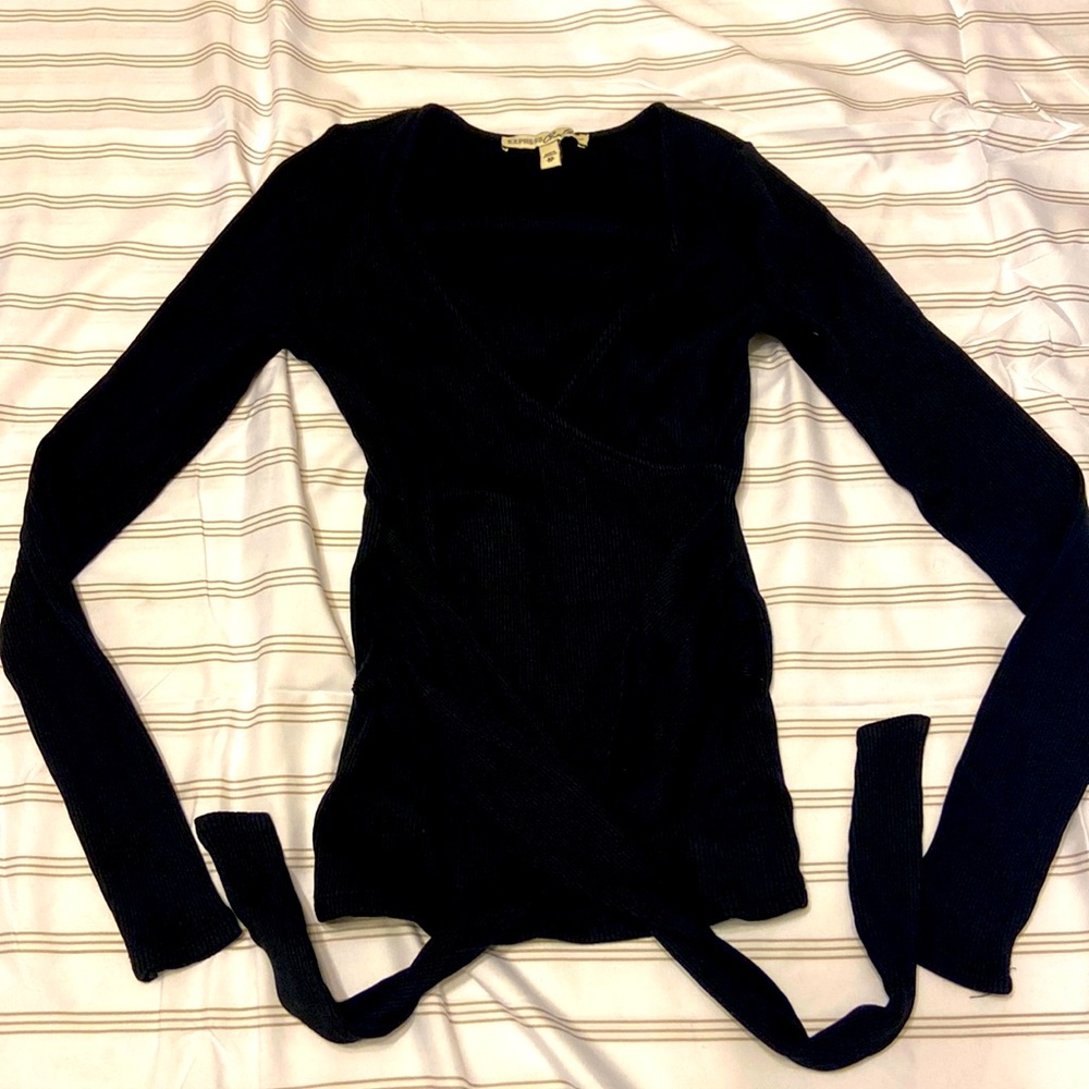 Express One Eleven Ribbed Surplice Tie Front Top